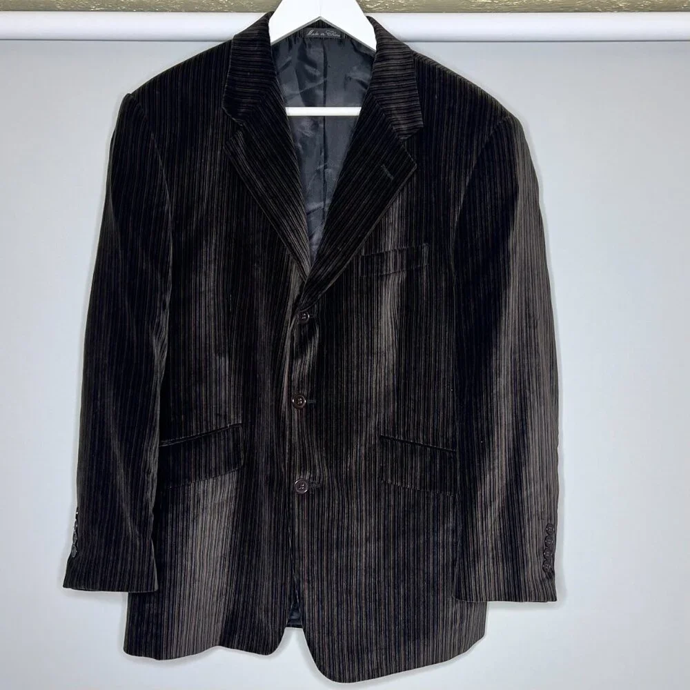 Adolfo Mens Velvet‎ Blazer 42S Brown Striped 3 Button Winter Collegiate Business